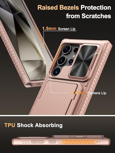 Image of Vihibii PC For Samsung Galaxy S24 Ultra Back Cover With Slide Camera Cover & Card Holder (4 Cards) & Kickstand, Hard Case For Galaxy S24 Ultra, Rose Gold