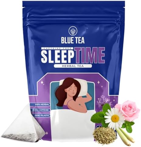 BLUE TEA - Sleep Time Tea - 30 Tea Bags - Plant Based | Helps with Insomnia, Snoring | Supports Deep Relaxation | Caffeine Free | Chamomile, Spearmint, Lemongrass | Ziplock Pack