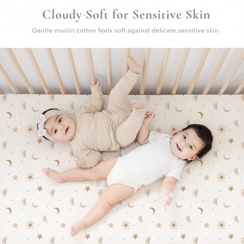 Image of Konssy Muslin Crib Sheets for Girl Boy, 2 PCS Soft and Breathable Cotton Baby Sheets for Standard Crib Mattress, 52 inchx 28 inch (Sunbeam Yellow, Coffice)