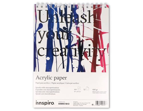 INNSPIRO Bloc de Papel para Acrílico A4-12 páginas 400 g/m2, Papel Grueso Texturizado para Acrílico