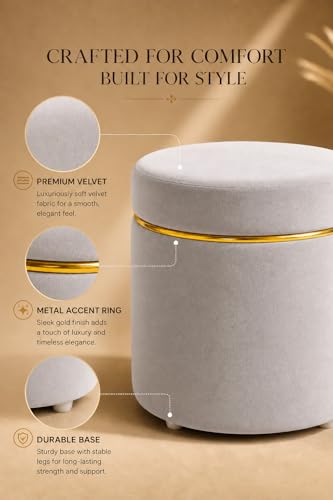 Image of Dence Store Modern Velvet Puffy Ottoman Stool for Living Room | Round Footrest Pouffe with Gold Accent Band | Soft Cushioned Seat for Dressing Table, Bedroom & Home Decor (Set of 2 Silver Grey)