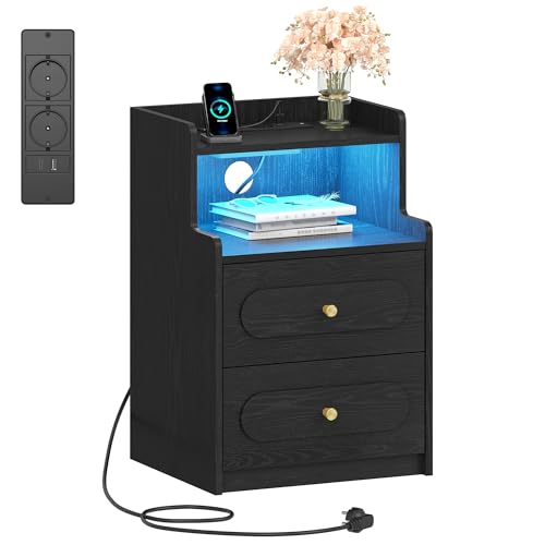 HEXCELEN Table de Chevet avec Lumière LED et Multiprise, Table de Nuit avec 2 Tiroirs et 1 Compartiment Ouvert, Tables d'appoint avec Rangement, pour Chambre...