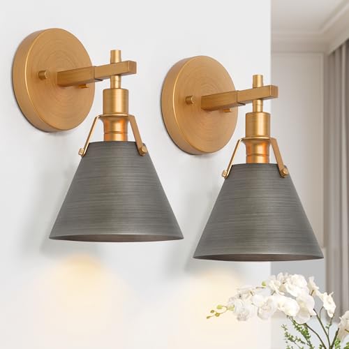 Image of Gold Wall Sconce 2 Pack, Modern Antique Wall Mounted Light Fixture for Bedroom, Bathroom, Living Room, and Hallway, Vintage Brass and Brushed Grey Finish