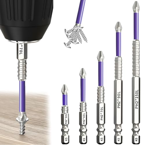 5 Pcs Juego de Puntas de Destornillador Magnéticas, Puntas de Atornillado Magnéticas, Bit de Destornilladores de Imán, Juego de Brocas Antideslizantes para Taladro Eléctrico (50 65 70 90 150mm)