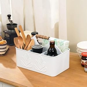 NIKKY HOME Farmhouse Silverware Organizer with 4 Compartments Cutlery Caddy Kitchen Countertop Flatware Holder for Utensil, Spoons, Knives, Forks, White Plant Embossed Pattern NIKKY HOME Farmhouse Silverware Organizer with 4 Compartments Cutlery Caddy Kitchen Countertop Flatware Holder for Utensil Spoons Knives Forks White Plant Embossed Pattern