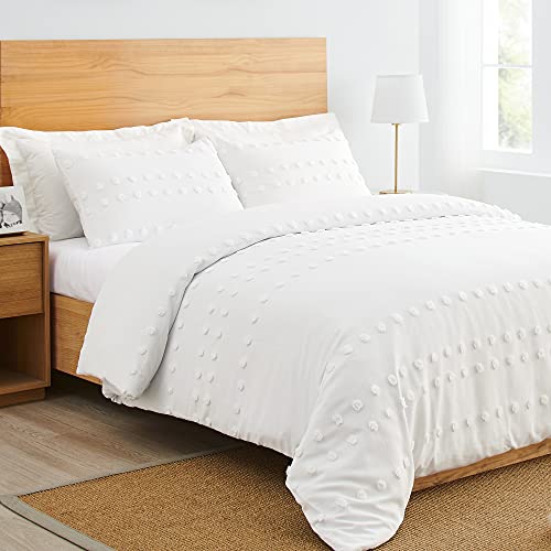 Image of Boho Shabby Chic Bohemian Ivory Textured Tufted Duvet Comforter Cover and Sham 3 pc. Full Queen Size Bed Bedding Set Bedroom Aesthetic Neutral Modern Polka Dot PomPom Beige Urban Tufted Off White