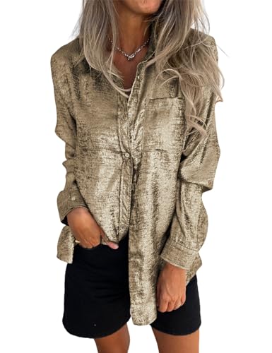 Gihuo Women's Metallic Button Down Shirts Long Sleeve Sparkly Blouse Shiny Glitter Party Tops Sexy Disco Outfits(Gold-S)