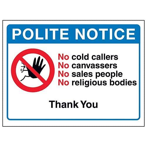 V Safety Polite Notice: No Cold Callers Or Sales People Sign - 200mm x 150mm - Self Adhesive Vinyl