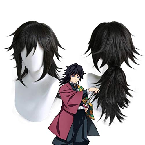 Ani·Lnc Demon Slayer Kimetsu no Yaiba Tomioka Giyuu Black Ponytail Wig Cosplay disfraz hombres mujeres pelucas sintéticas resistentes al calor