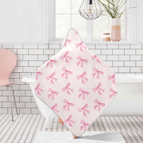 Image of Burbuja Pink Bow Baby Bath Towel - Soft Absorbent Muslin Cotton Hooded Towel for Newborn Infant Toddler, 30x30 in