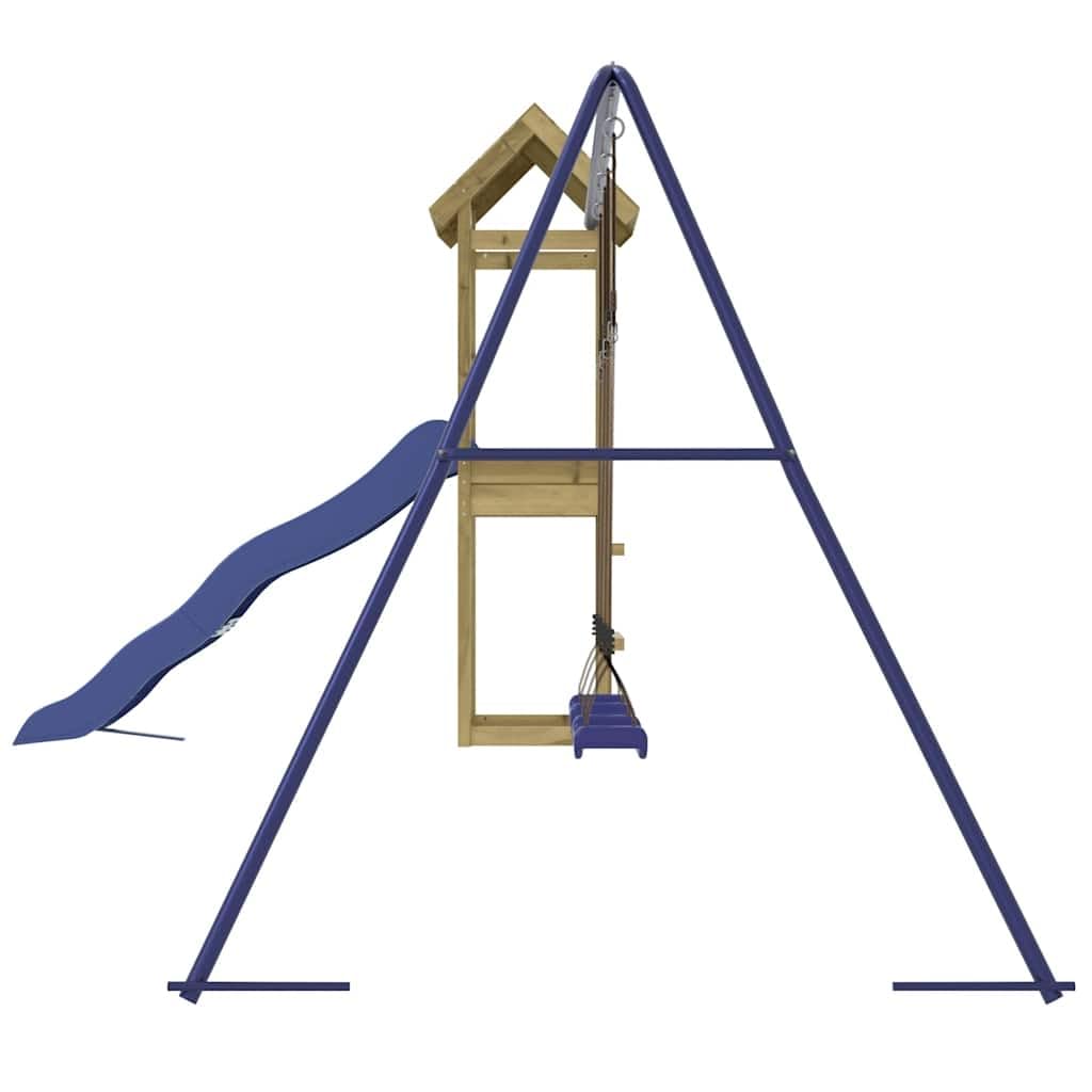 Torre da gioco in legno di pino impregnato con scivolo, doppia altalena e sabbiera, struttura da arrampicata per giardino, giocattolo per bambini dai 3 anni in su