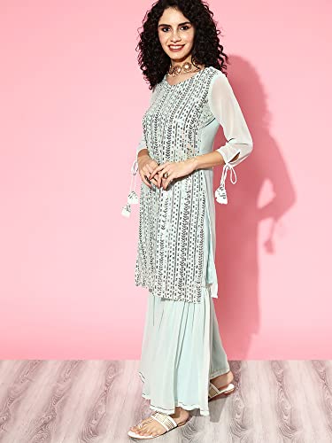 Image of INDO ERA Women's Poly Georgette Striped Embroidered A-line Kurta Sharara With Dupatta Set (22YYY4801 Blue XS To 2XL-Size)