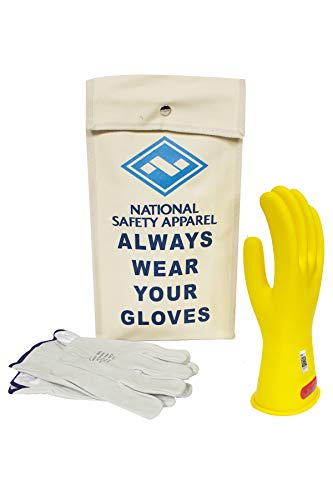 National Safety Apparel Class 0 Yellow Rubber Voltage Insulating Glove Kit with Leather Protectors, Max. Use Voltage 1,000V AC/ 1,500V DC (KITGC011Y)