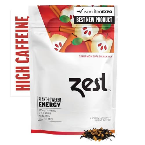Zest Energy Tea - Cinnamon Apple Spice High Caffeine Black Tea Loose Leaf Blend - Caffeinated Coffee Altnernative/Substitute - Natural, Non-GMO &amp; Keto Friendly - Hot or Iced - 50 Servings - 150mg Caf