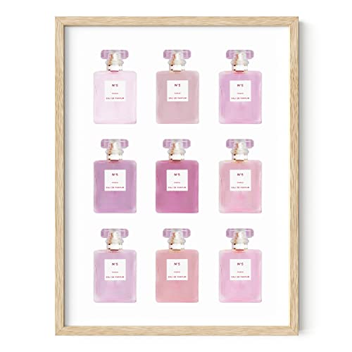 HAUS AND HUES Arte de pared Eau de Parfum | Decoración de pared rosa rubor para mujer, arte de pared rosa para dormitorio, tocador, arte de pared | Marco beige de 12 x 16 pulgadas