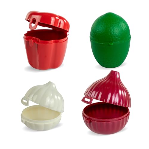 Guateplast - Set Porta Verduras (Ajo, Cebolla, Chile y Limon) | Almacenador de vegetales | Guarda Vegetales | Cocina | Herméticos | Envase para Verduras
