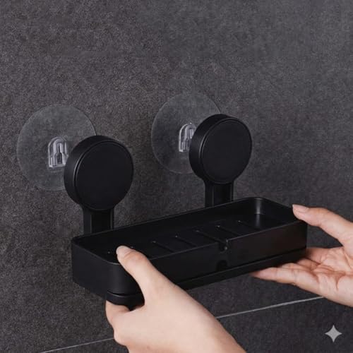 Image of 2 Pcs Twin Soap Dish Wall Mounted, BUYERZONE Double Layer Soap Holder for Bathroom, Self Adhesive Soap Stand with Drain Tray, Plastic Soap Case for Kitchen & Wash Basin Organizer (2, Black)