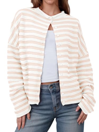 Image of Saodimallsu Womens Striped Cardigan Casual Long Sleeve Open Front Button Down Loose Knit Lightweight Fall Sweaters