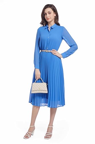 Image of Business Casual Shirt Dress for Women Long Sleeves Pleated Midi Dresses with Belt