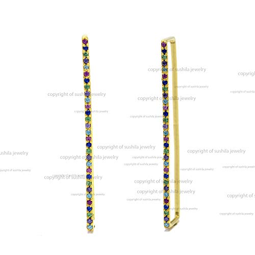 Solid 14k Yellow Gold Genuine Genuine Rainbow Multi Sapphire Cartilage Bar Cuff Wrap Earring Handmade Jewelry Gift
