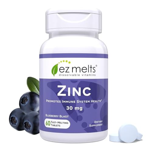 EZ Melts Zinc - Supplement for Immune Digestive & Skin Health Support - Non-GMO Vegan & Gluten-Free - Blueberry Blast - 60 Dissolvable Tablets (60 Servings)