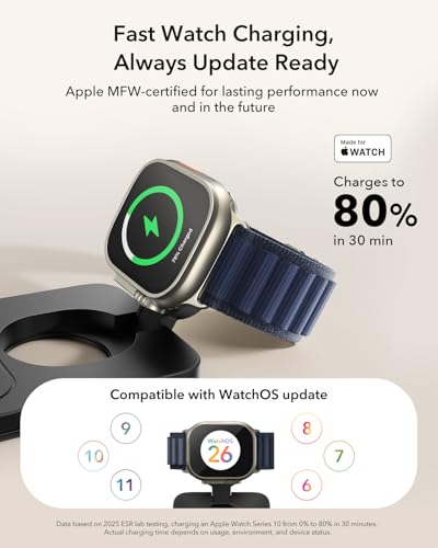 Image of ESR 3 in 1 Charging Station for Apple, Qi2.2 25W MagSafe Charger with CryoBoost, Phone-Cooling Wireless Charging Station Foldable, for iPhone 17 /16 with iOS 26(50W Adapter), AirPods, Apple Watch,Black