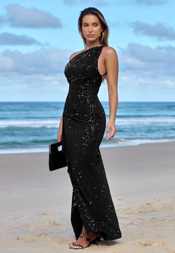 Memoriesea Women's Sequin One Shoulder High Split Cocktail Wedding Formal Maxi Dress4