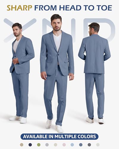 YND Men's 2 Piece Casual Linen Suit Set, Regular Fit Lightweight Blazer Jacket and Pants for Wedding, Business, Party2