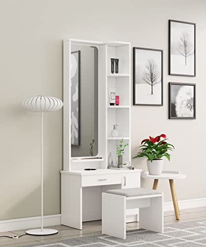 Image of Bniture Wooden Dressing Table for Bedroom with 1 Drawer, Mirror and Huge Storage Space with Stool | Long Dresser Vanity Table with Mirror(40D x 68W x 175H CM) (Frosty White)