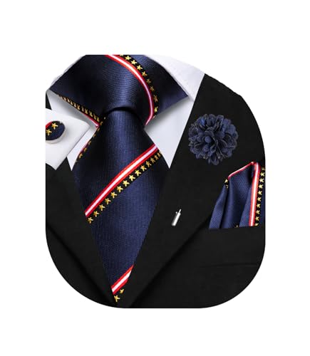 Image of Dubulle Mens Blue Red Tie and Lapel Pin Paisley Striped Floral Necktie for Men Pocket Square Cufflinks Wedding Party