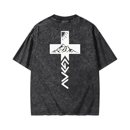 Graphic Tees Summer Women Men Cotton Novelty Oversized Crew Cross with Mountain in Bible Christian Washed T-Shirt
