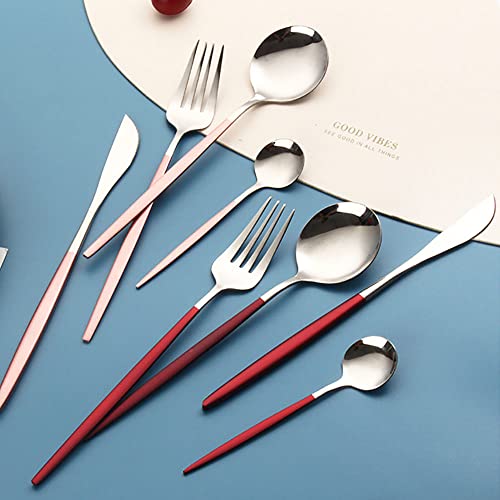 Image of Stainless Steel Flatware Set - Mirror Polished Cutlery for Dinner, Kitchen Utensil with Fork, Spoon, Knife Silverware Tableware Lunch Box(Red-Blue, Set of 12)