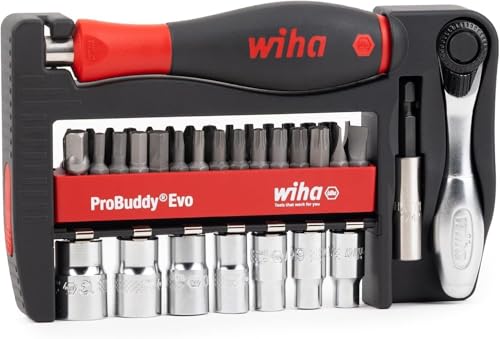 Wiha ProBuddy Evo 40-tlg. Bit- & Steckschlüssel-Set 1/4 SoftFinish Schraubendrehergriff Mini-Ratsche 72 Zähne magnetischer Bithalter I Kompaktes Werkzeugset für Profi Heimwerker Fahrrad (46960)