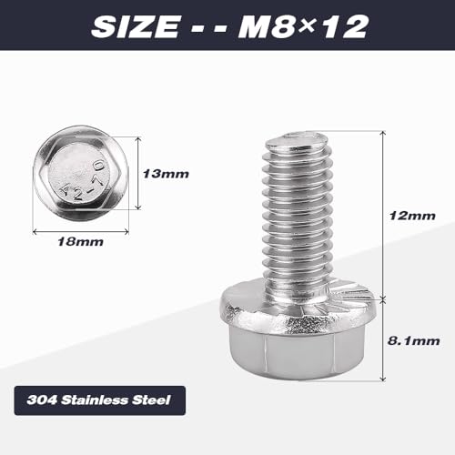 Image of M8-1.25 x 16mm (12 pcs) Flanged Hex Bolts, 304 Stainless Steel 18 /8, Large Washer Head Automotive Screws for Car Parts & Machinery Replacement