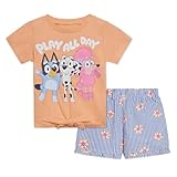 Officially licensed Bluey Chloe Coco toddler girls short sleeve graphic tee shirt and shorts All over print design; Rib knit crew neck collar; Awesome screen print design; Elastic waist for comfortable stretch and a better fit; Stylish and fashionabl...