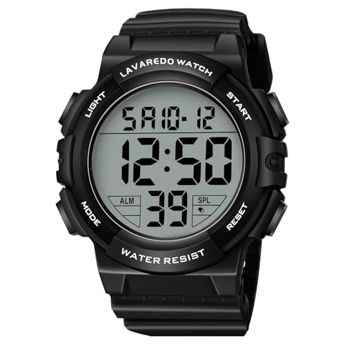 caprock Digitaluhren für Herren mit Leuchtfunktion, 5 ATM wasserdicht, Herren-Digitaluhr, Sportuhr mit Gummiarmband, Armbanduhr mit LED-Anzeige/Alarm/Stoppuhr,Negro-Blanco
