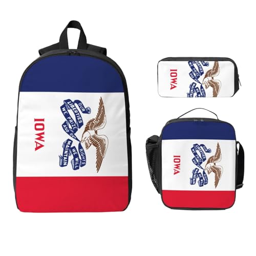 Iowa state flag print Shoulder Bookbags Lunch Bag and Pen Case 17 inches Backpack with Lunch Box, Cute Bookbag Set2