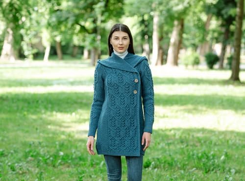 SAOL 100% Merino Wool Women Cardigan Butonned with Hood Aran Leaf Coat Made in Ireland - Image 3