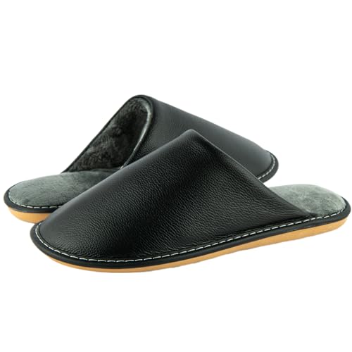 Unisex House Slippers, Genuine Leather Solid Color Minimalist Indoor Slippers, Soft Warm Flannel Lining, Lightweight Comfortable Flexible Anti-Slip Rubber Sole3