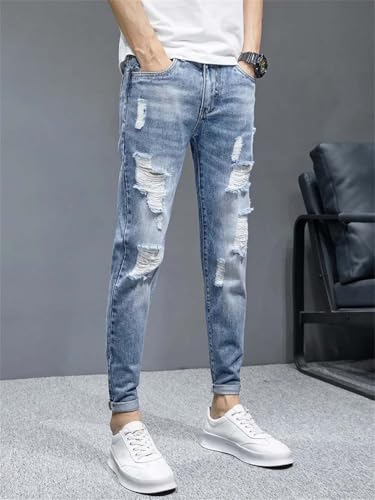 Men's Vintage Ripped Jeans Slim Distressed Stretch Cotton Ankle Length Denim Pants3