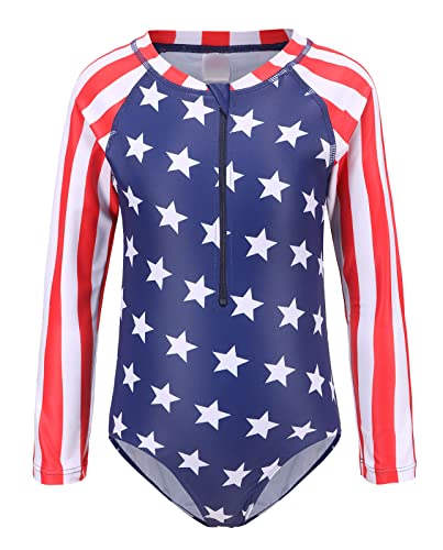Image of Girls Rash Guard Long Sleeve One Piece Swimsuits Stripes Zipper Bathing Suits UPF 50+ /Sun Protection