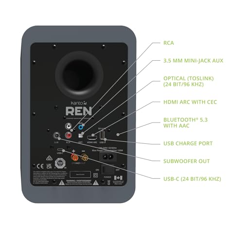 Image of Kanto REN 200W Powered Speaker System with HDMI ARC Input for TV & Home Theater | USB-C and Bluetooth 5.3 | High /Low Pass Filter | Pair | Matte Grey