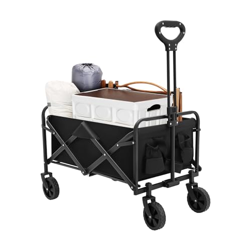 Carro plegable con soporte para bebidas y asa ajustable, carro de mano plegable como carrito de transporte y carrito de playa para exteriores, camping, compras, jardín, carga de 80 kg, color negro