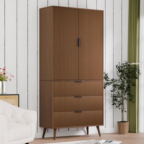 Image of Fluted Tall Cabinet, Kitchen Pantry Cabinet with Adjustable Shelves, Wood Cupboard with 3 Drawers 2 Doors, Mid Century Modern Cabinet for Living Room Dining Room Entryway Office, Walnut