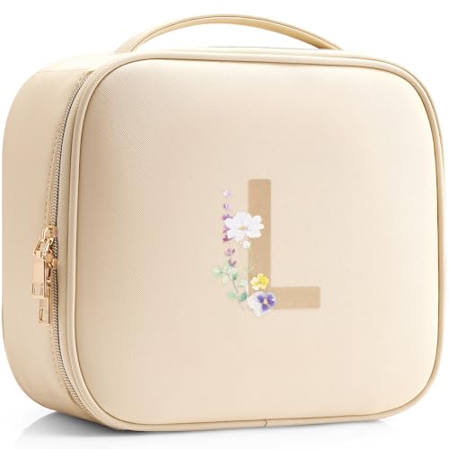 Vlando Travel Makeup Bag, Makeup Bag Organizer,Gift Ideas for Women Girls,Makeup Storgae Bag with Dividers and Handle,Gifts for Christmas,Birthday,Wedding Beige A.Beige M