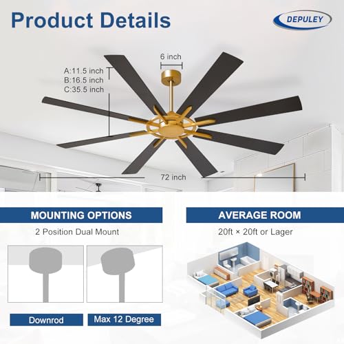 Image of Depuley Ceiling Fan Without Light: 72 Inch Big Indoor Outdoor Fan with Remote APP Control - Bronze Walnut Large Ceiling Fan no Light 8 Blade Reversible Quiet DC Motor Memory Function Timer