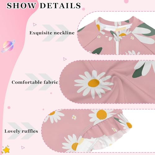 Girls One Piece Swimsuits Long Sleeve Swimsuit Zipper Bathing Suits White Daisy Flower Pink Daisies3