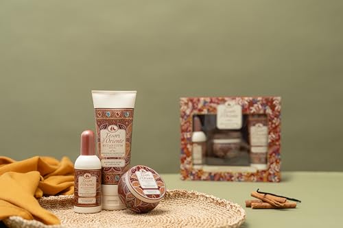 TESORI D’ORIENTE Geschenkset Byzantium (Cremedusche 250 ml, EDT 100 ml & Duftkerze) mit schwarzer Rose und Labdanum, Wellness-Rituale für Körper & Sinne