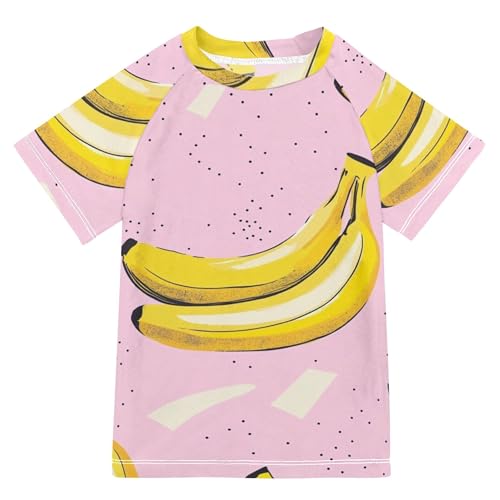 Mazeann Yellow Banana Pinks Boys Rash Guard Swim Shirts Quick Dry Short Sleeve UPF 50+ Girls Rashguard Swimsuit Size 11-12