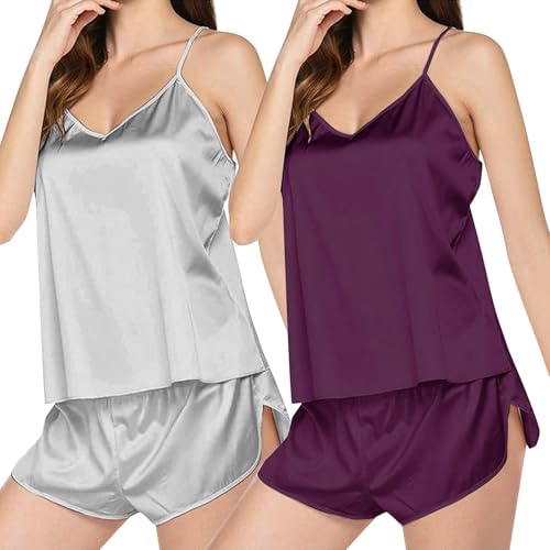 SHAOBGE 2 PC Silk Pajamas for Women 2024 Fall Casual Sexy Sleepwear Plus Size Soft Loungwear Lingerie Fashion Cami Pjs Set